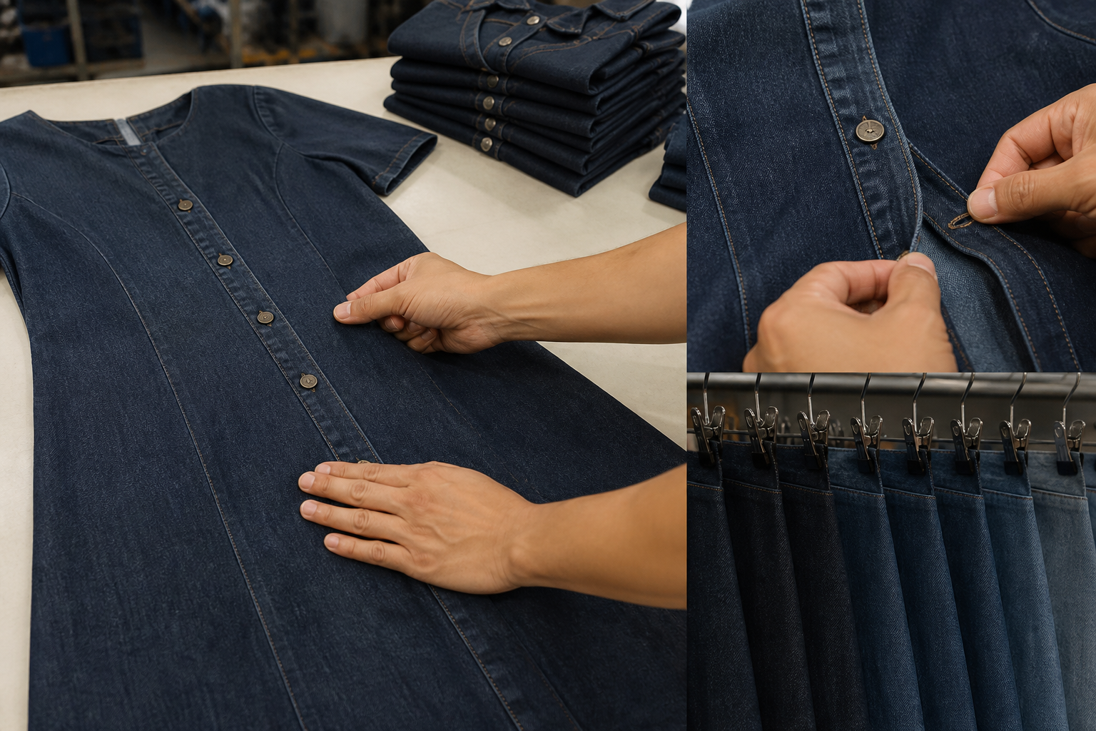 Custom denim dress quality-control scene for reviewing the signed sample against bulk checkpoints.