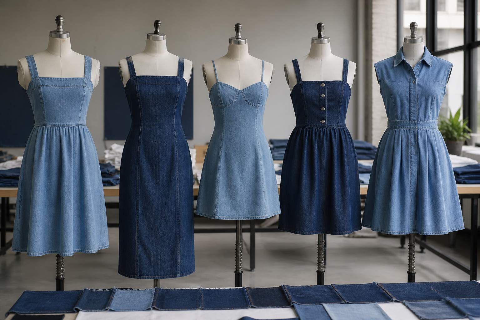 Custom denim dress sample review scene for fit and approval decisions.