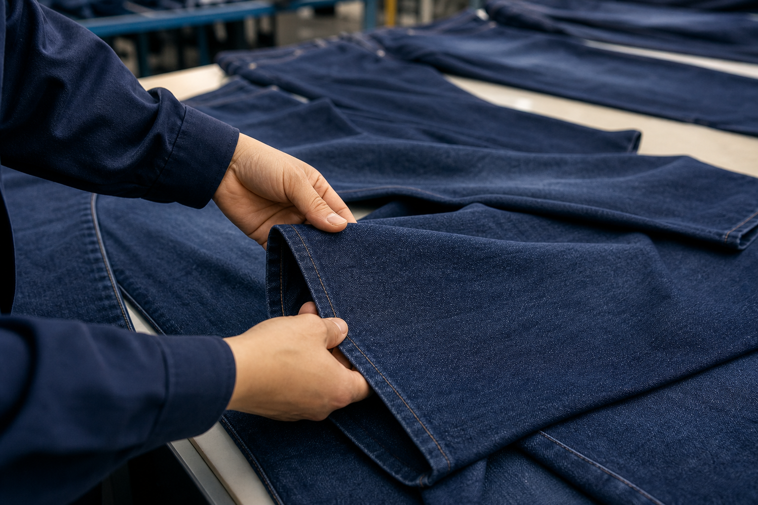 Baggy and wide-leg jeans quality-control scene for reviewing the signed sample against bulk checkpoints.