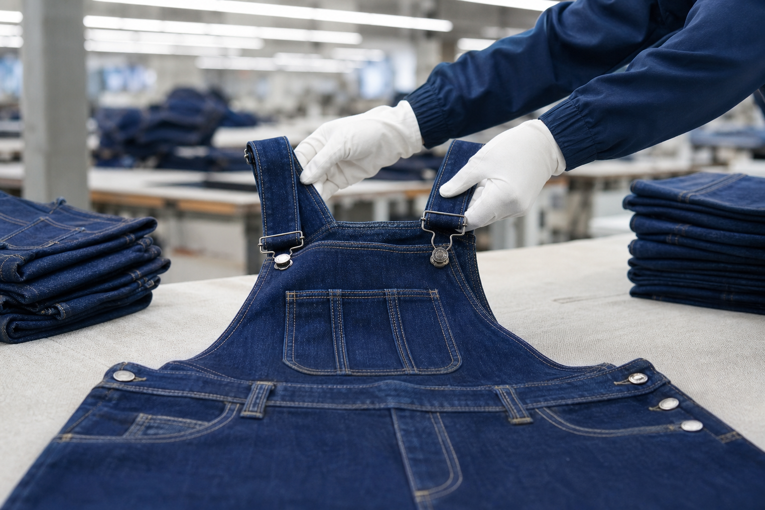Proses quality control overalls dan jumpsuit denim untuk meninjau sampel yang telah disetujui terhadap checkpoint produksi massal.