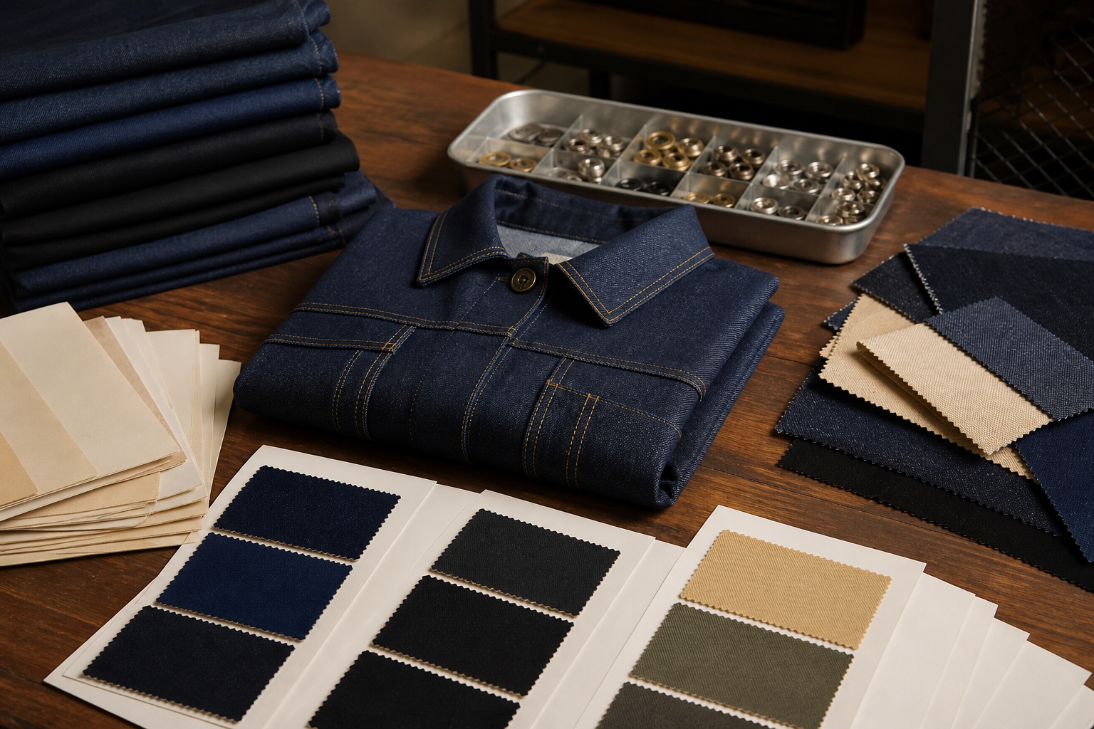 Denim workwear buyer approval and RFQ handoff preparation scene.