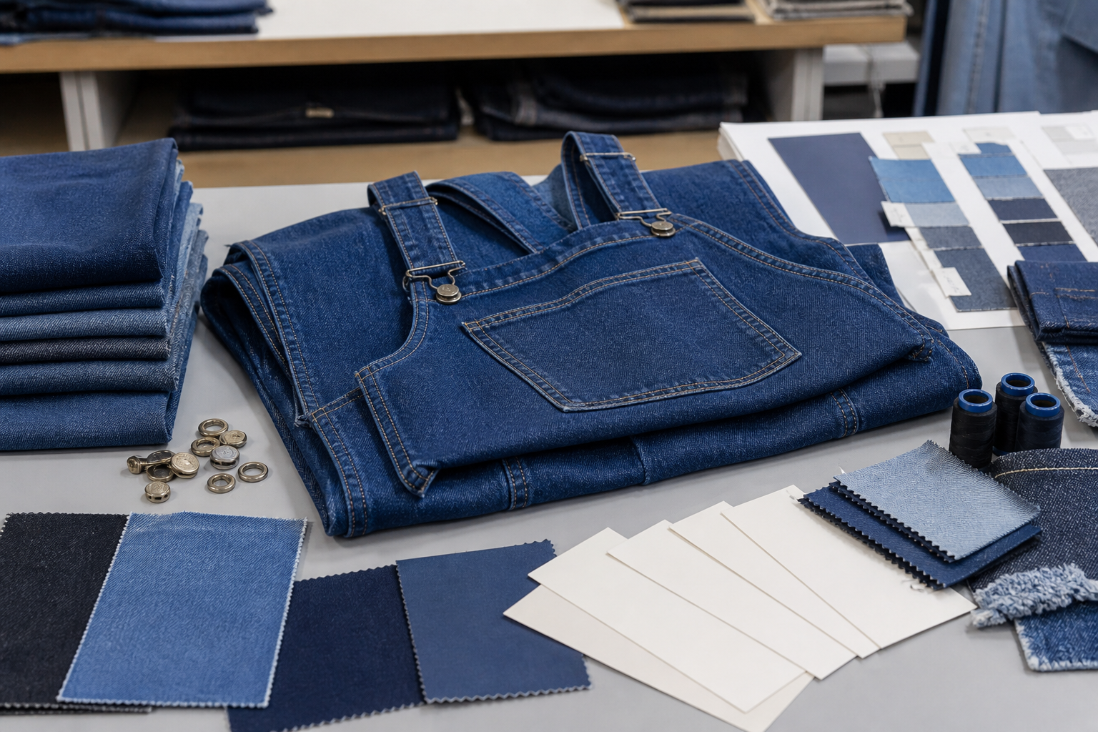 Adegan persetujuan pembeli untuk overall dan jumpsuit denim serta persiapan serah terima RFQ.