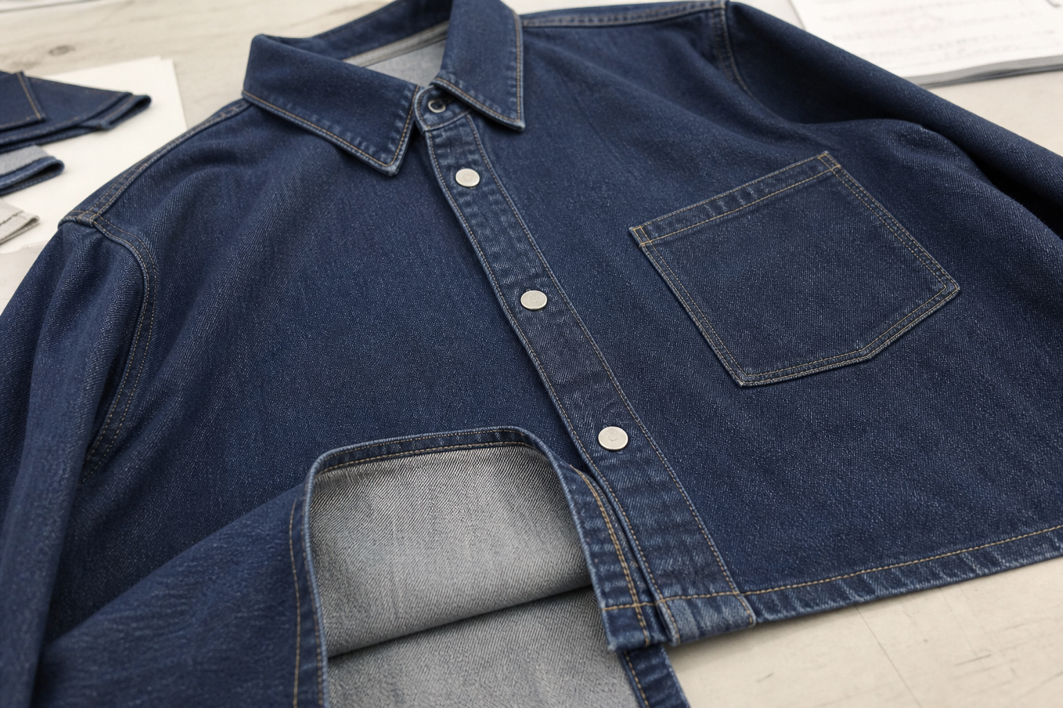 Custom denim overshirt construction detail used to identify product-specific development risks.