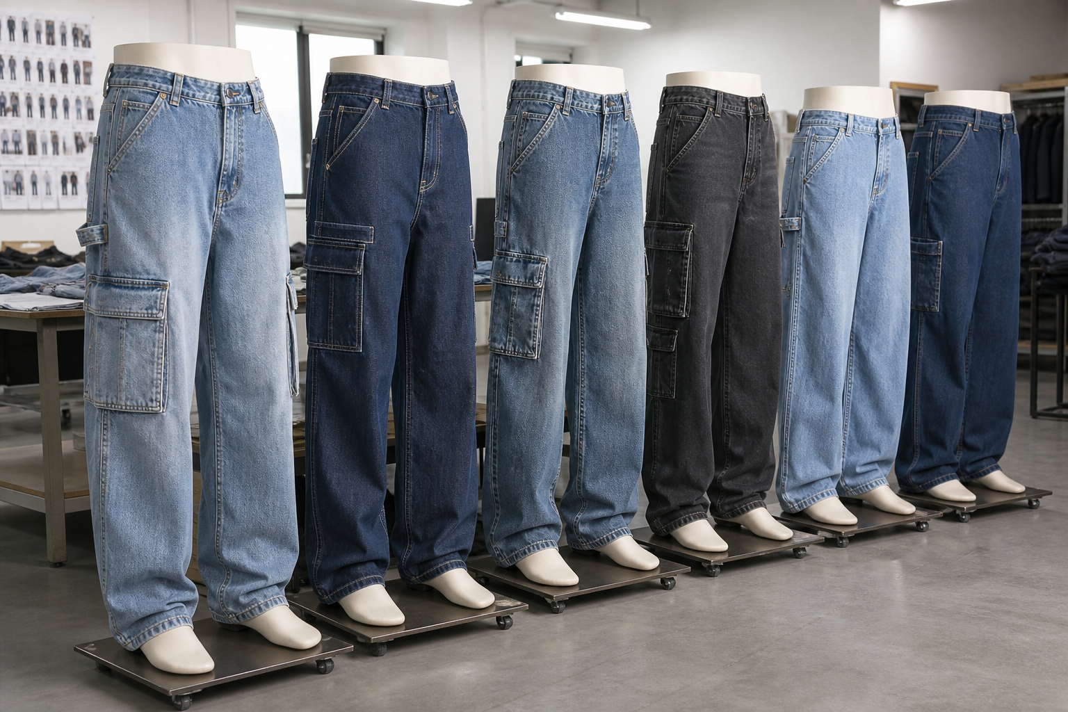 Cargo and carpenter jeans sample review scene for fit and approval decisions.