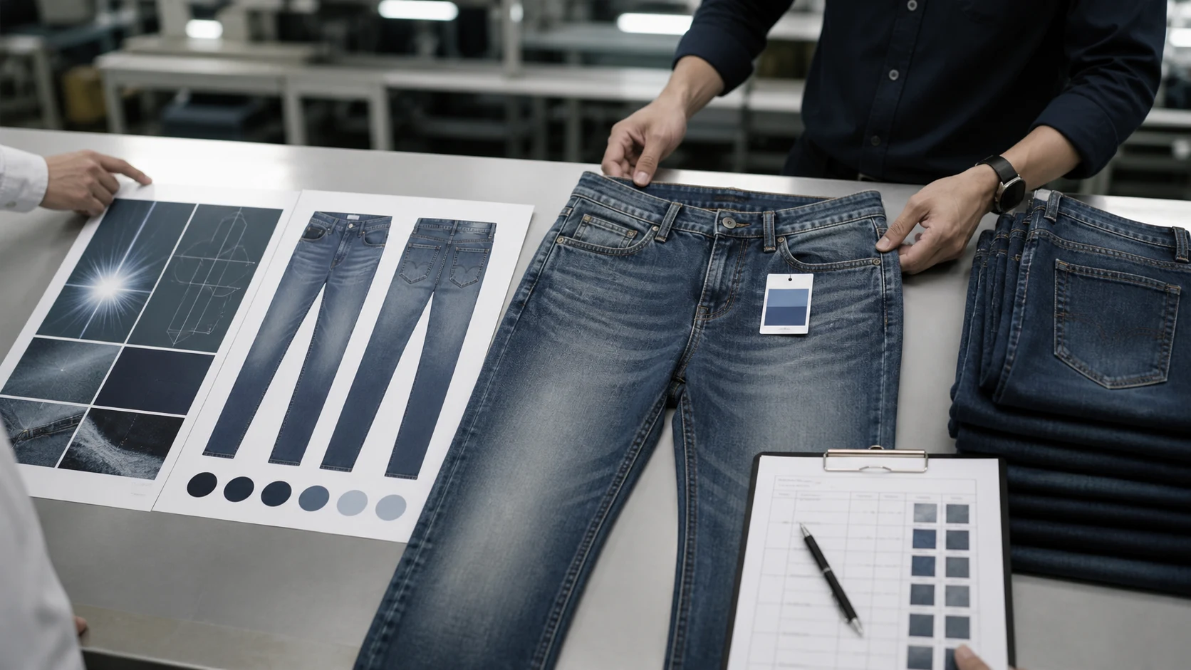 Approved laser wash sample compared with bulk jeans during production audit