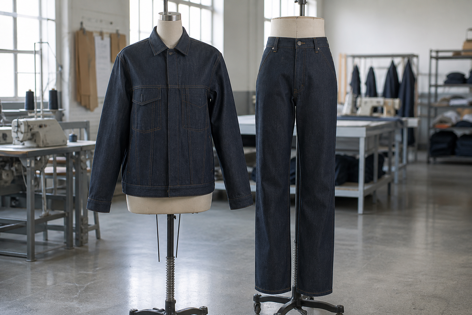 Denim workwear sample review scene for fit and approval decisions.