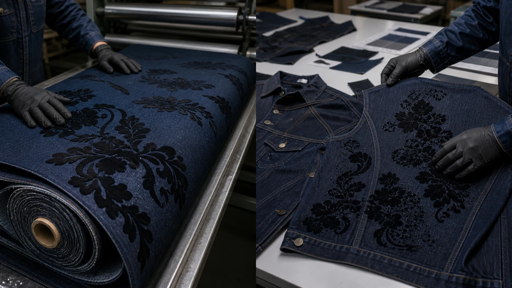 Fabric-stage and garment-stage flocking workflow comparison