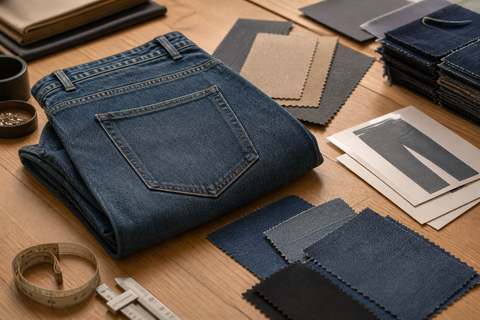 Barrel jeans buyer approval and RFQ handoff preparation scene.