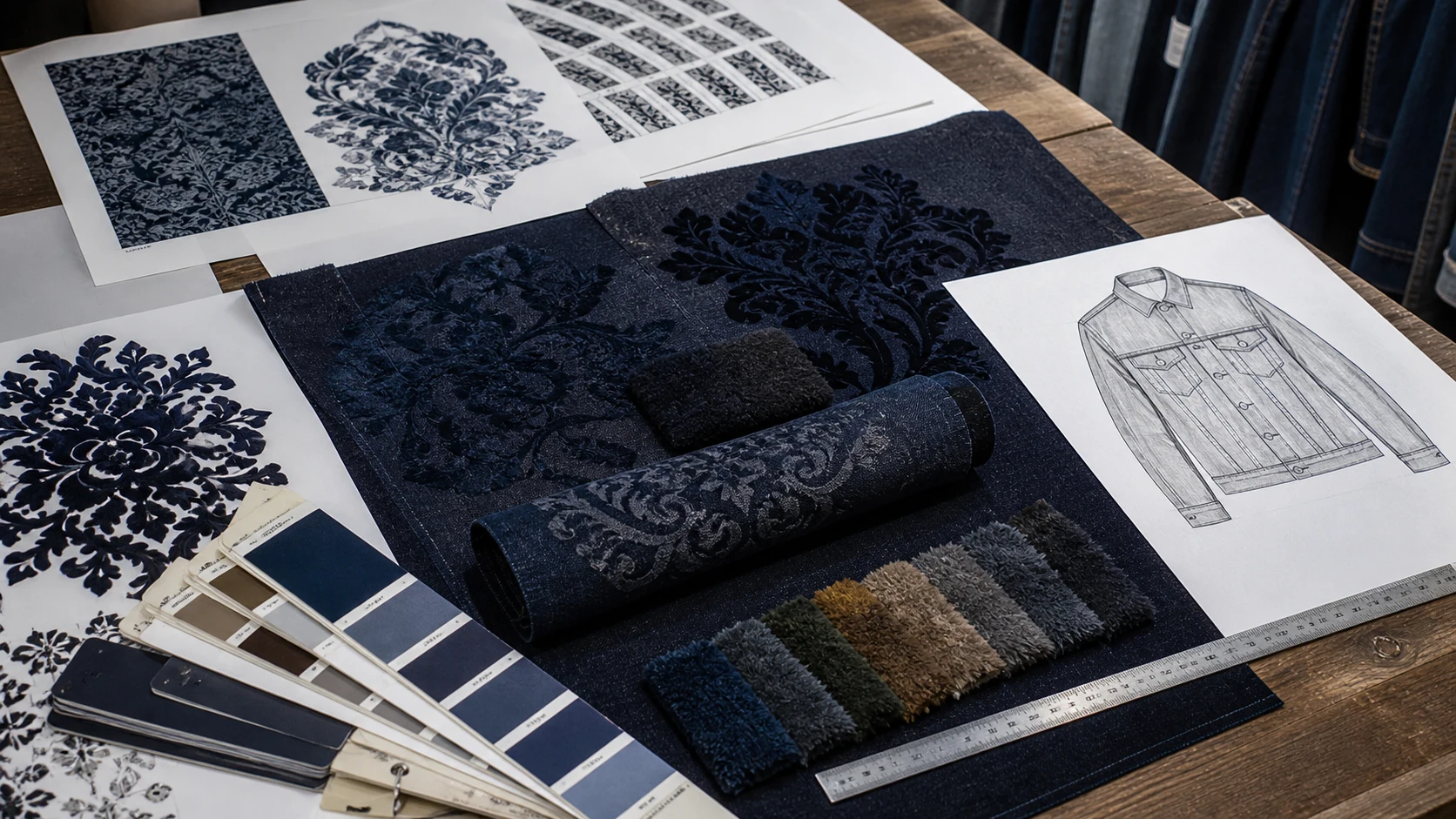 B2B custom flocked denim development brief with artwork and material inputs