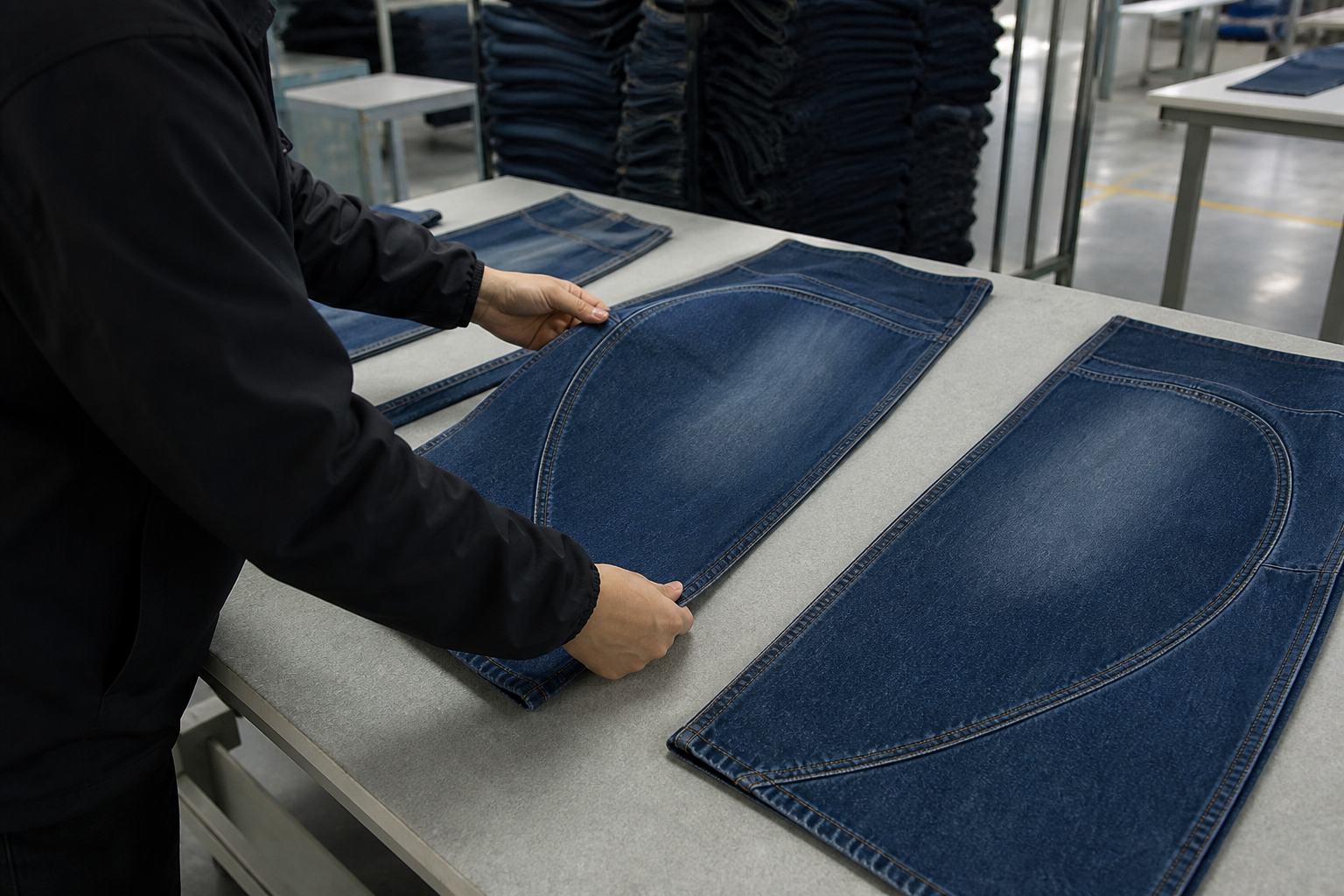 Barrel jeans quality-control scene for reviewing the signed sample against bulk checkpoints.