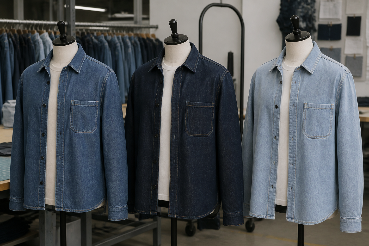 Custom denim overshirt sample review scene for fit and approval decisions.