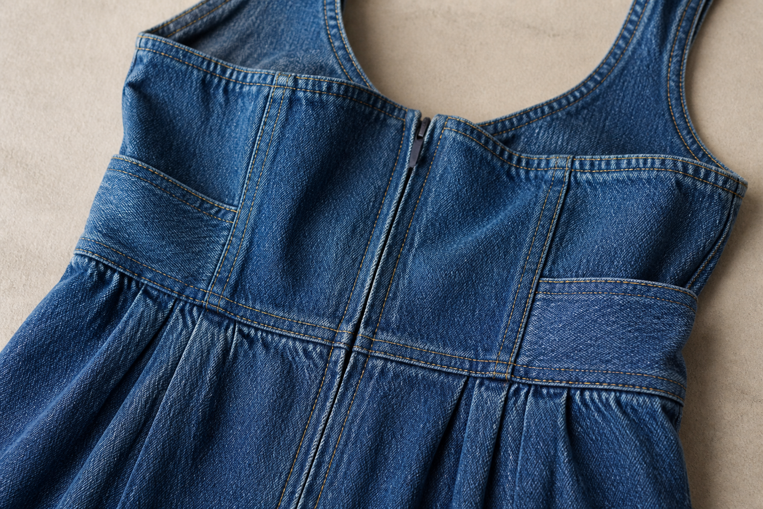 Custom denim dress construction detail used to identify product-specific development risks.