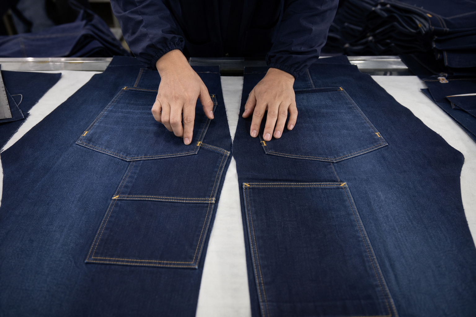 Cargo and carpenter jeans quality-control scene for reviewing the signed sample against bulk checkpoints.