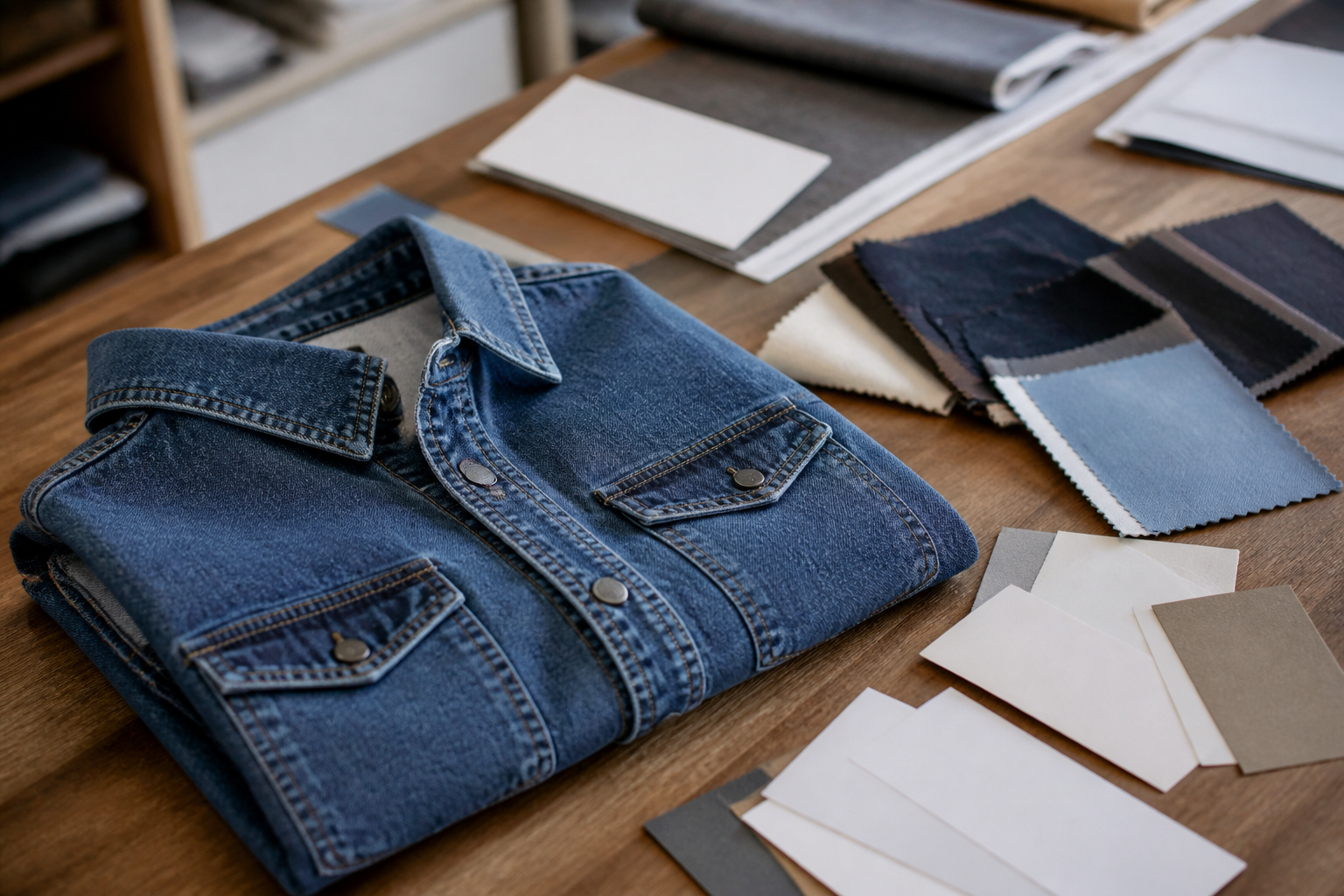 Custom denim overshirt buyer approval and RFQ handoff preparation scene.