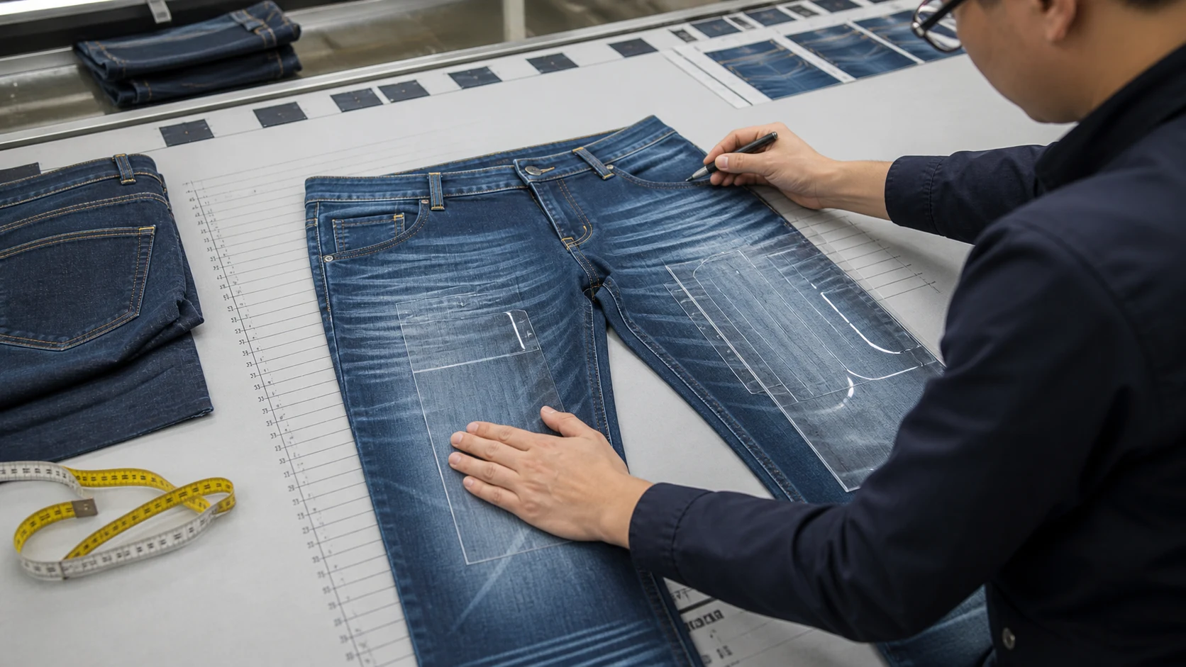 Laser wash artwork placement and size grading review on jeans patterns