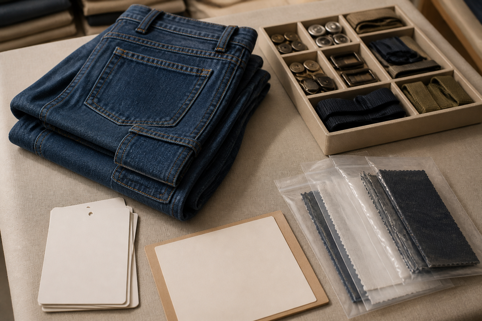 Cargo and carpenter jeans buyer approval and RFQ handoff preparation scene.