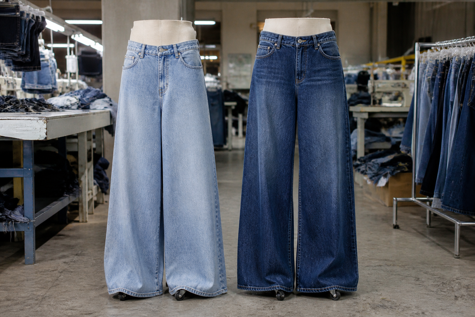 Baggy and wide-leg jeans sample review scene for fit and approval decisions.