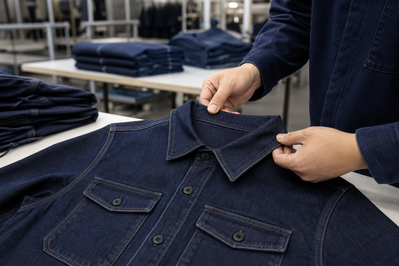 Custom denim overshirt quality-control scene for reviewing the signed sample against bulk checkpoints.