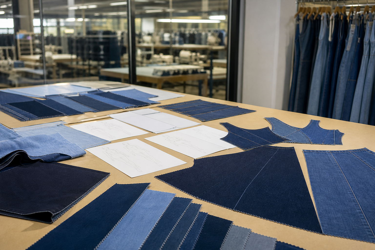 Custom denim dress material and specification review for a buyer brief.