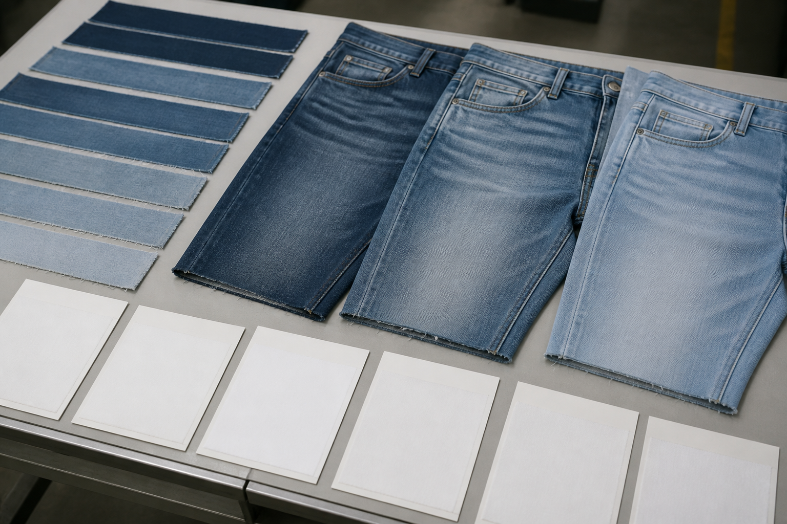Denim jorts wash and seam quality inspection